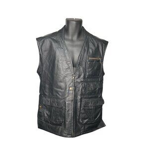 Mens Danier Black Leather Utility Vest W/ Pockets XL 46 Adjustable Straps